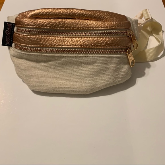 Jansport Handbags - JANSPORT Womens Fanny Pack Cream Canvas Rose Gold Faux Pebbled Leather Detail